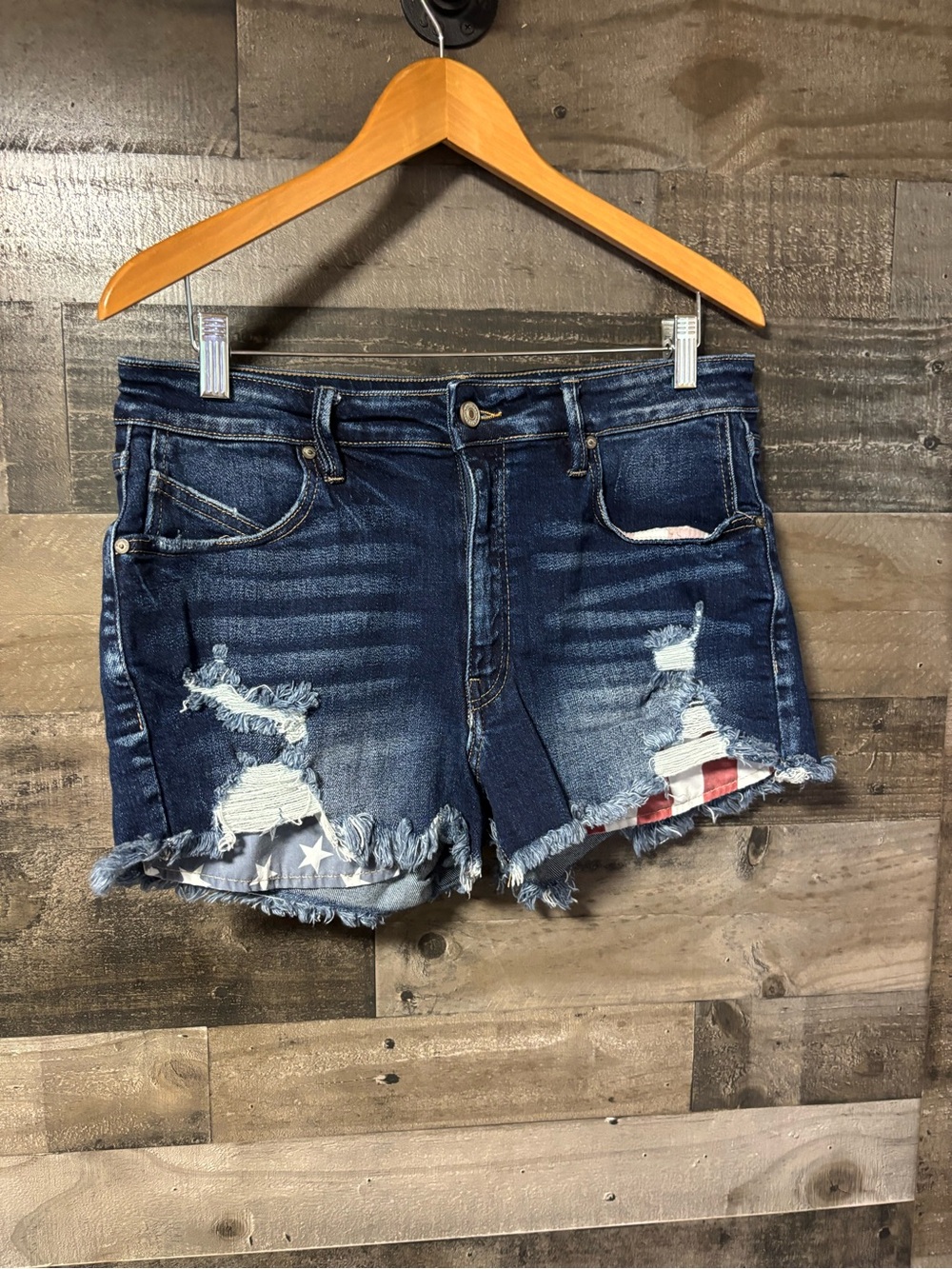 KanCan Dark Blue Distressed Denim Shorts with Flag Liner